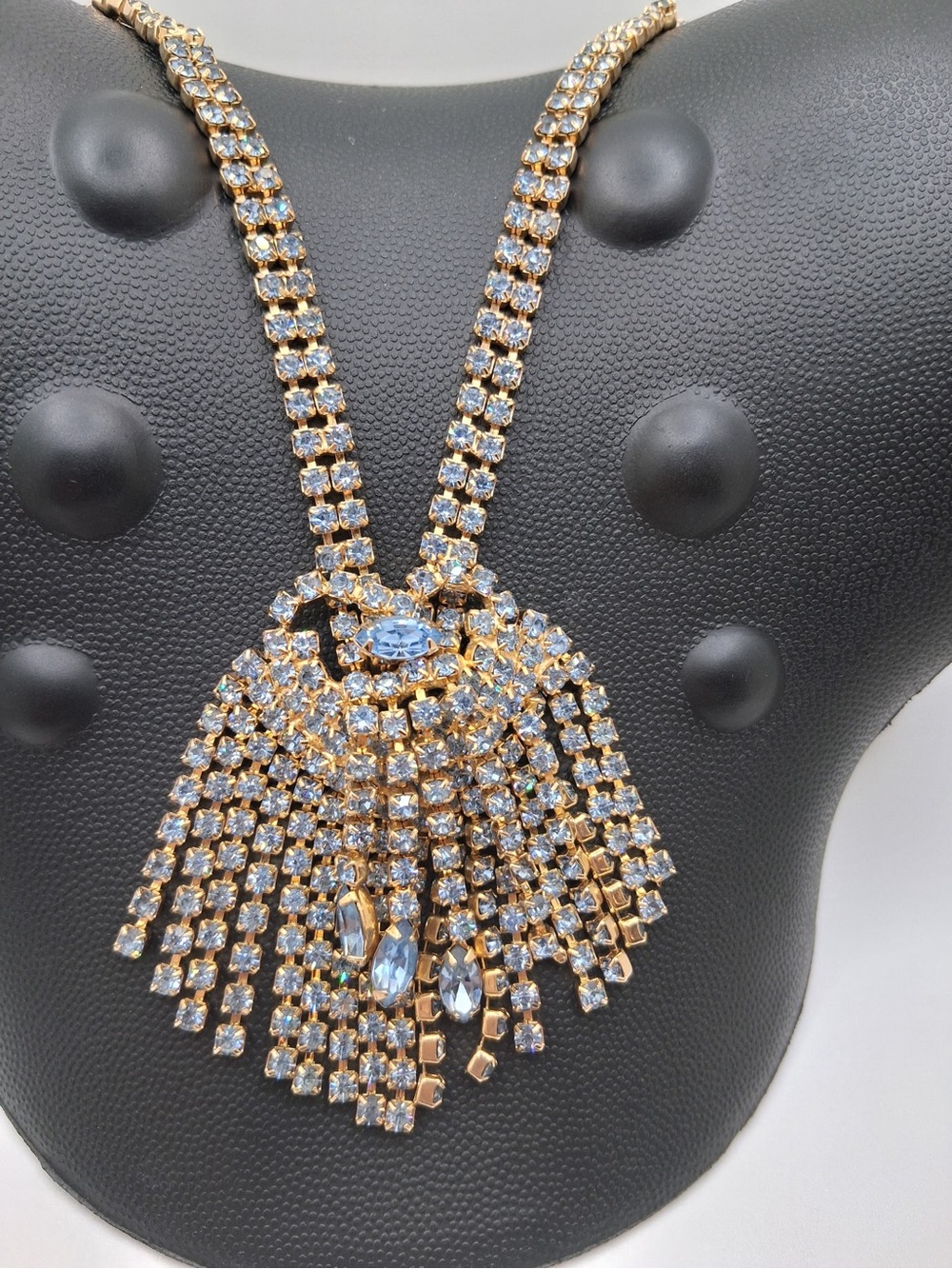 Vintage Blue Rhinestone Waterfall Fringe Necklace Gold Tone Statement Bib